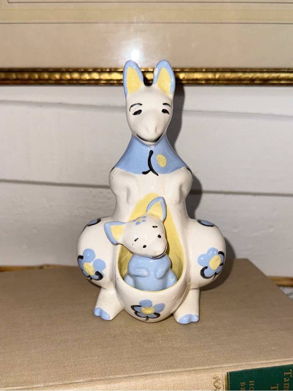 Cleminson Vintage Kangaroo & Joey Salt Pepper Shaker Set Blue Floral 1950s
